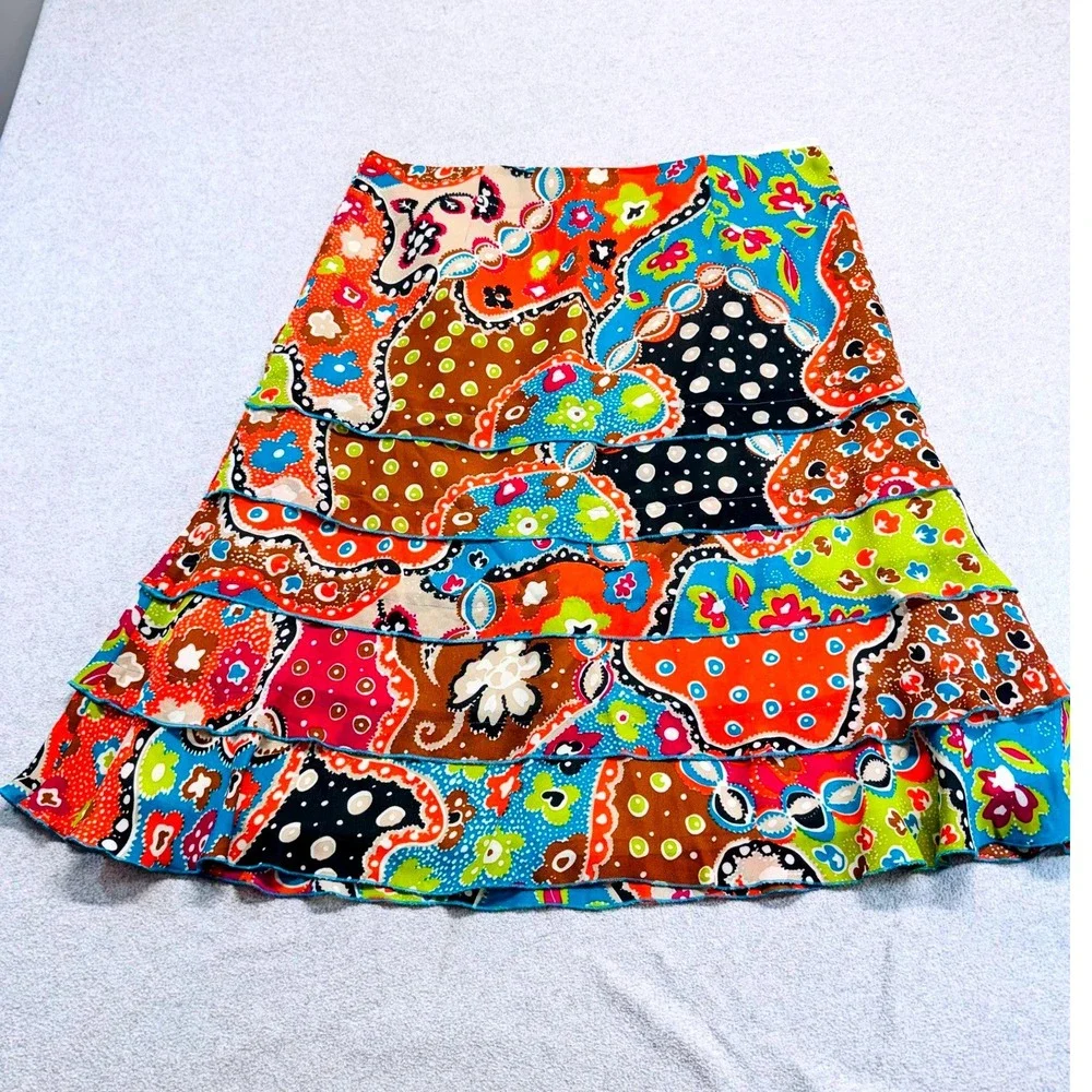 Mainbocher Womens Size 14 Colorful Patchwork Tiered A-Line Skirt Boho Midi Flowy